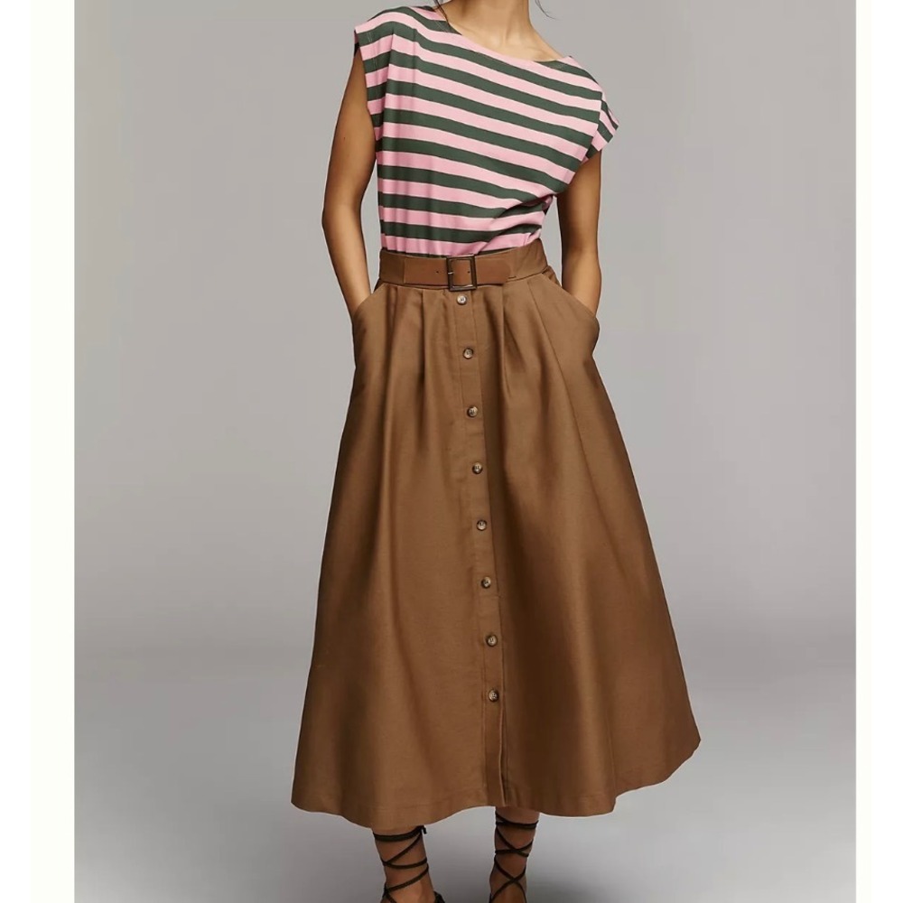 Anthropologie Twofer A-Line Striped Midi Dress Womens Size L Belted Cotton NWT